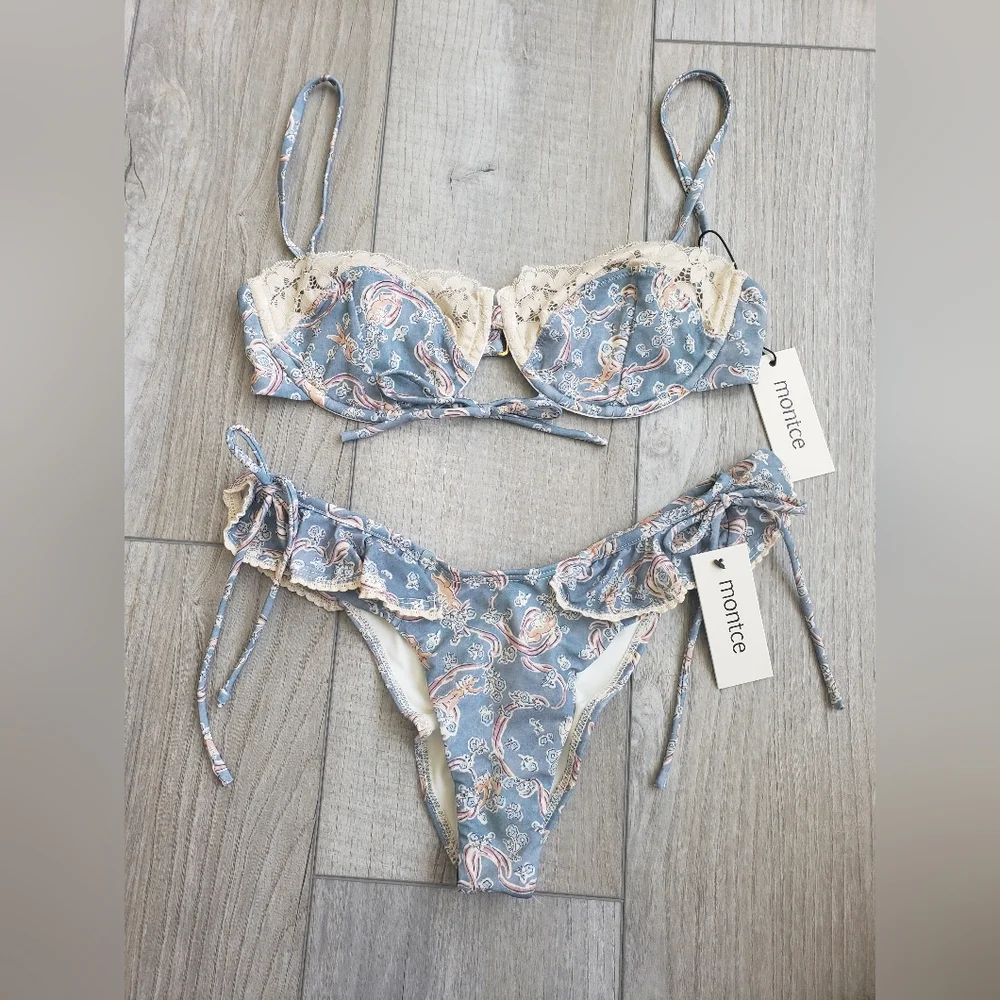Montce Blue Paisley Ruffle Bikini with Cream Trim
